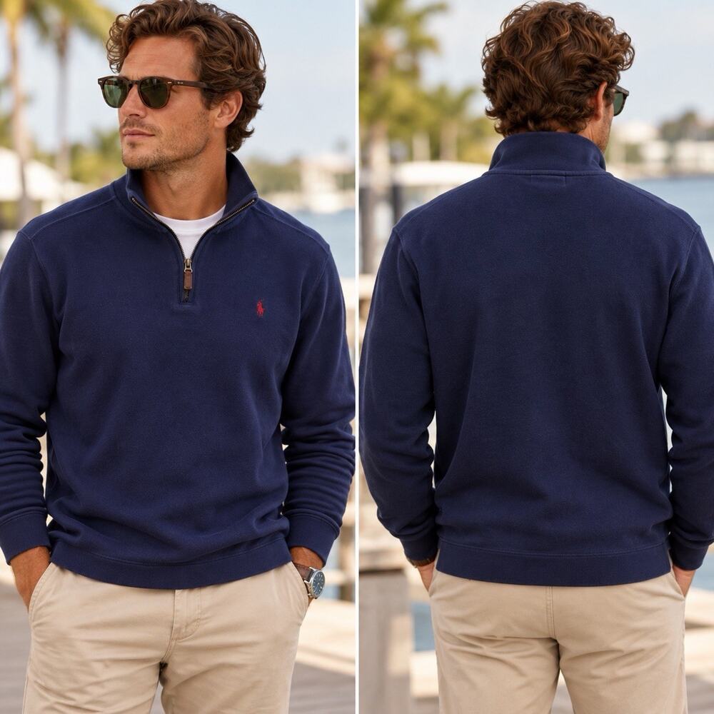 Polo Ralph Lauren Men’s Large Navy Blue Quarter Zip Pullover Red Pony Cotton